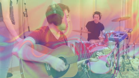 two musicians practicing in recording studio, with animated sound waves and guitar chord diagrams