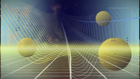 abstract animation of grid lines and spheres over futuristic landscape