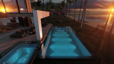 4k video of modern house in luxurious style by the sea or ocean on sunset