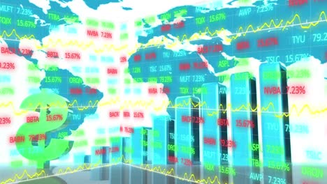 animation of stock market display, american dollar sign spinning over a world.