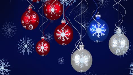 Animation-of-christmas-baubles-decorations-with-snow-falling