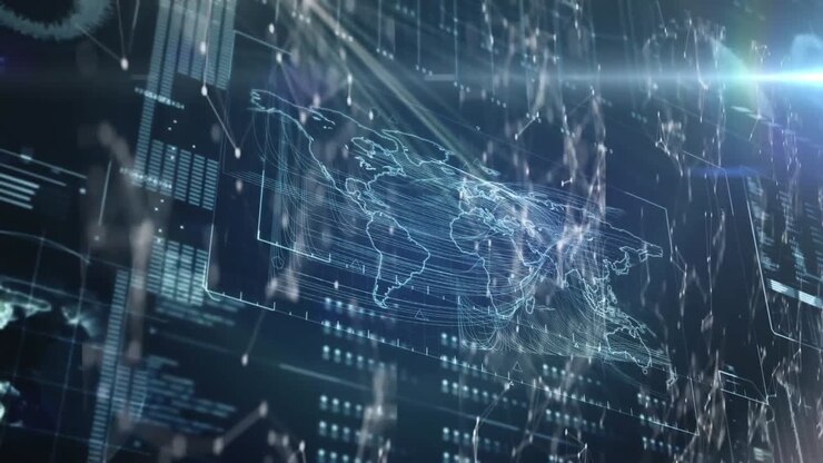 Digital interface data processing over world map against spinning networks of connections