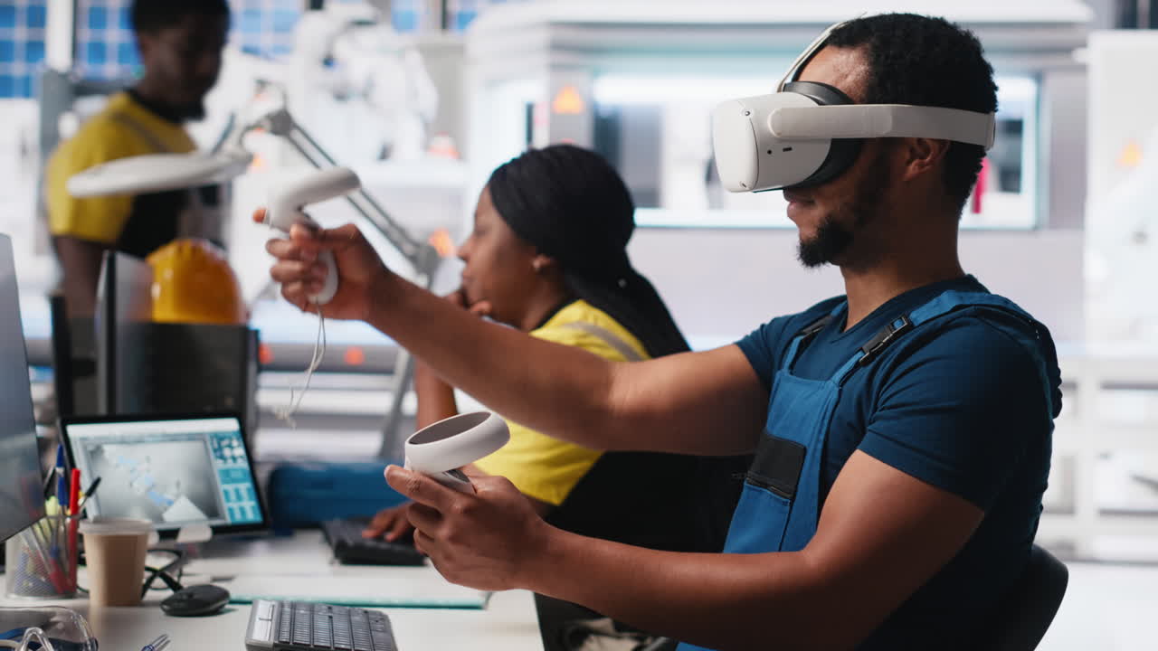 Vertical Video African american technician in solar panels plant using VR goggles