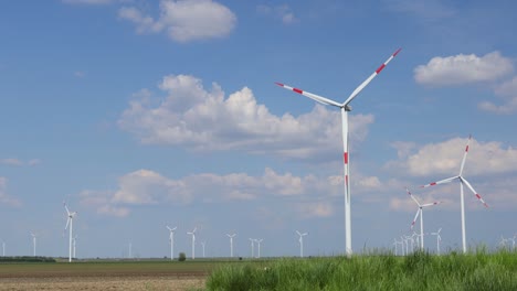 view on several windmills, wind generators, turbines, producing renewable clean energy by converting kinetic energy