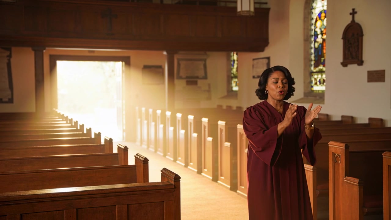 Singing woman in maroon robe responding to sun, projecting voice down nave with pews, copy space