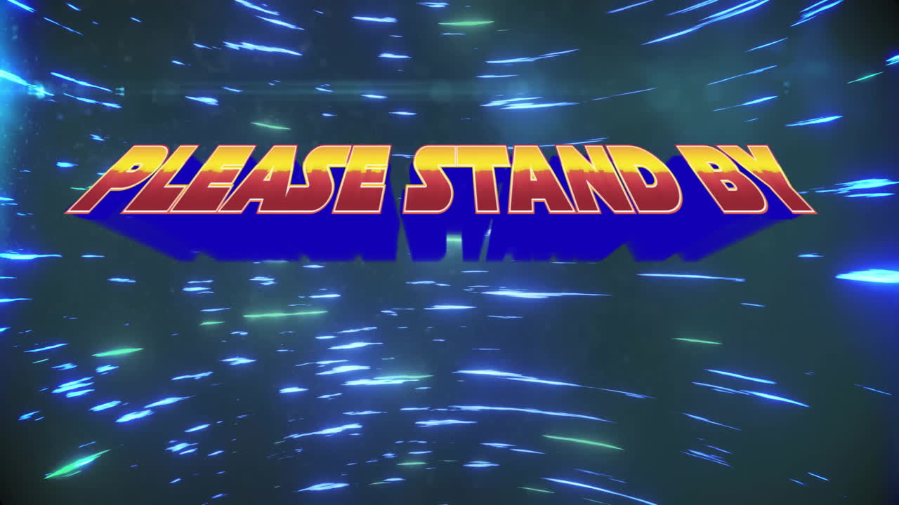 Animation of Please Stand By text with dynamic blue light streaks behind