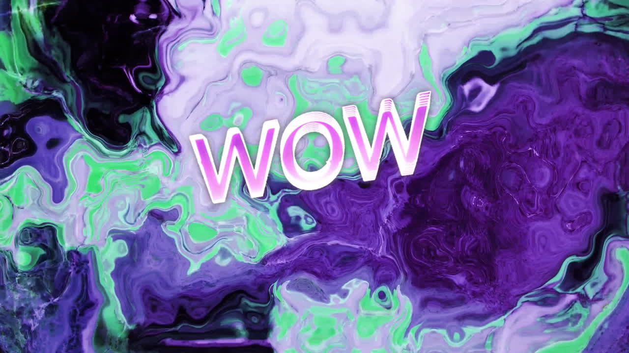 Animation von „Wow“-Text auf farbigem flüssigem Hintergrund