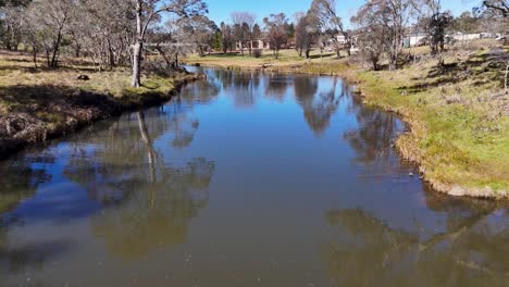 drone camera glides above a calm stream with ducks, passing through grassy banks and residential houses under bright daylight and clear blue sky