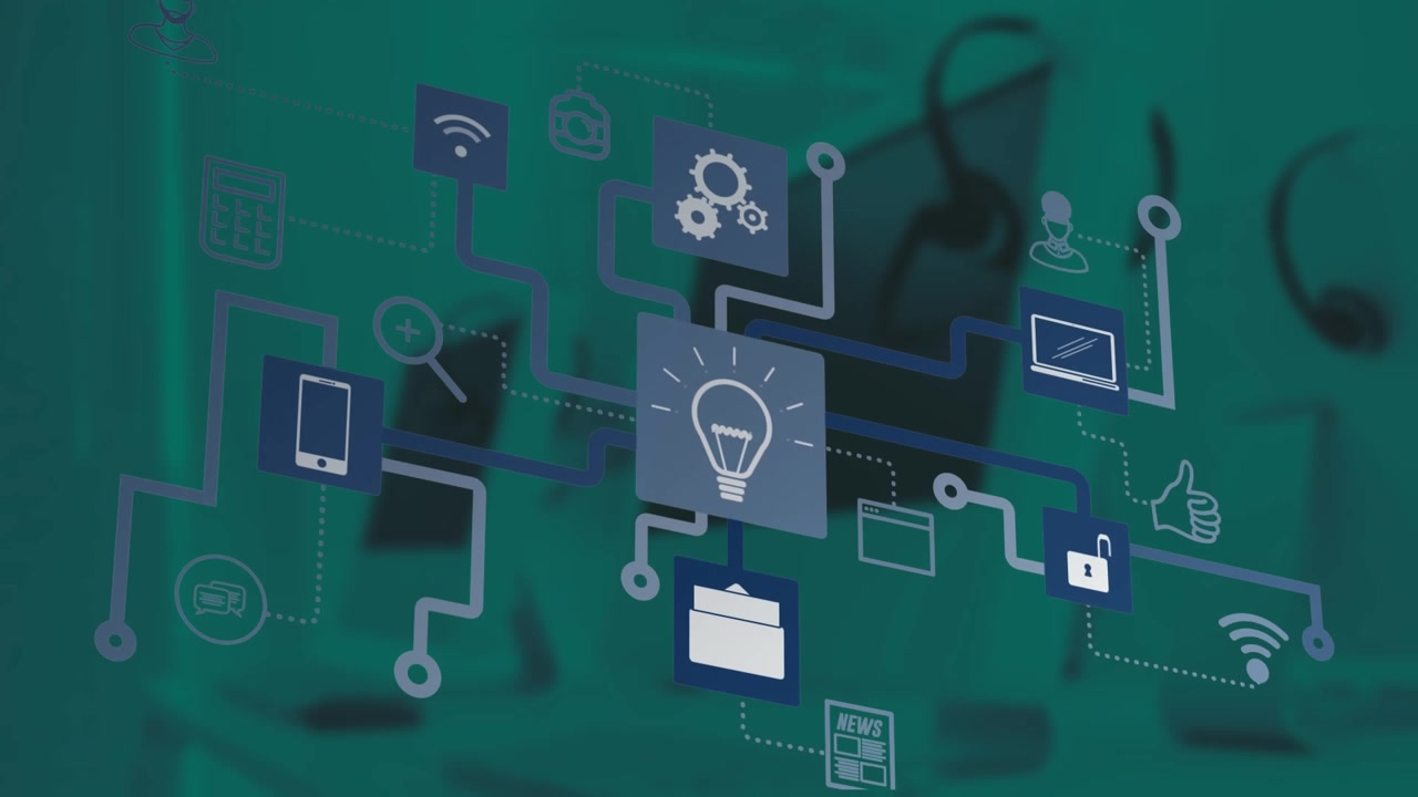 Animation of network of digital icons against office desks