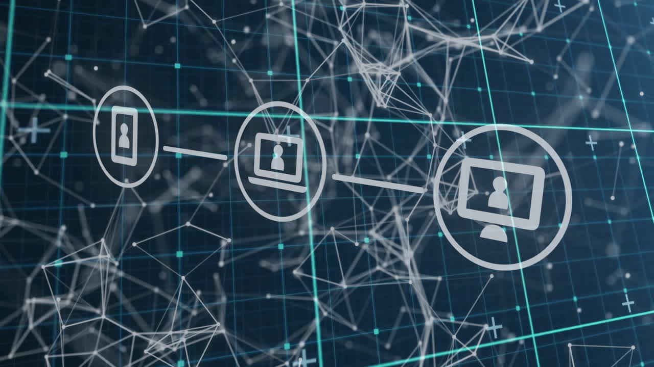 Network of connections and data processing animation over digital grid background