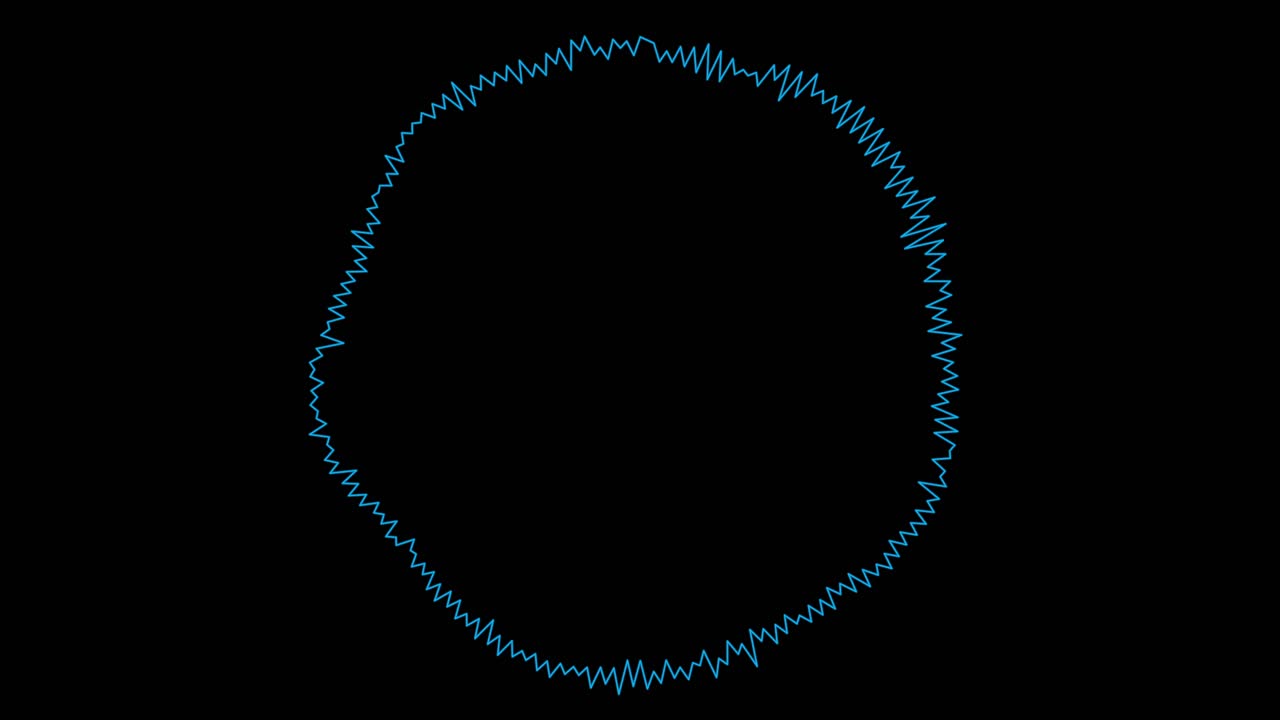 A circle of blue lines animates like a radial audio waveform or sound visualizer. Seamless loop for music, technology, or data concepts. Isolated on black with central copy space