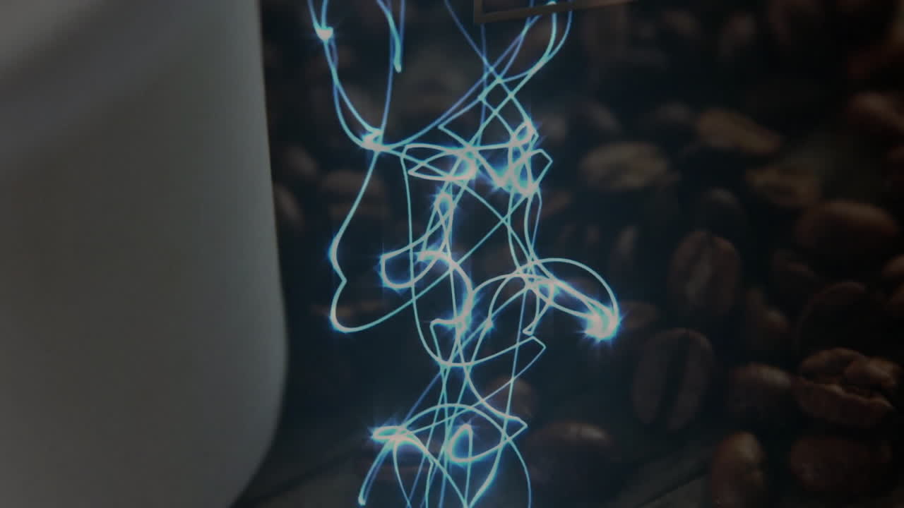 Electric blue light trails looping over ceramic cup and coffee beans in animated illustration
