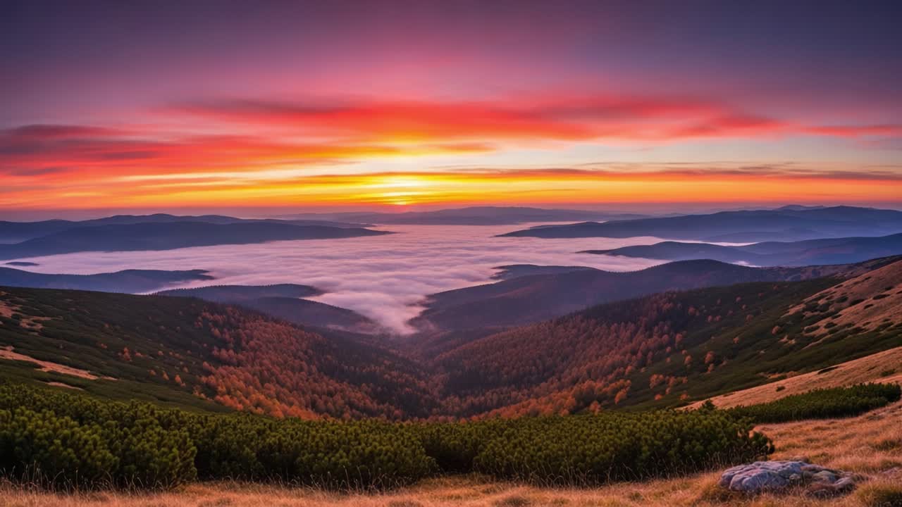 Sunrise over a Misty Mountain Valley