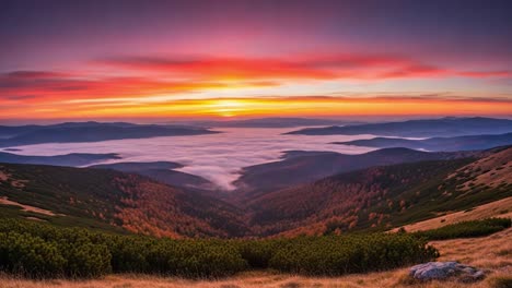 sunrise over a misty mountain valley
