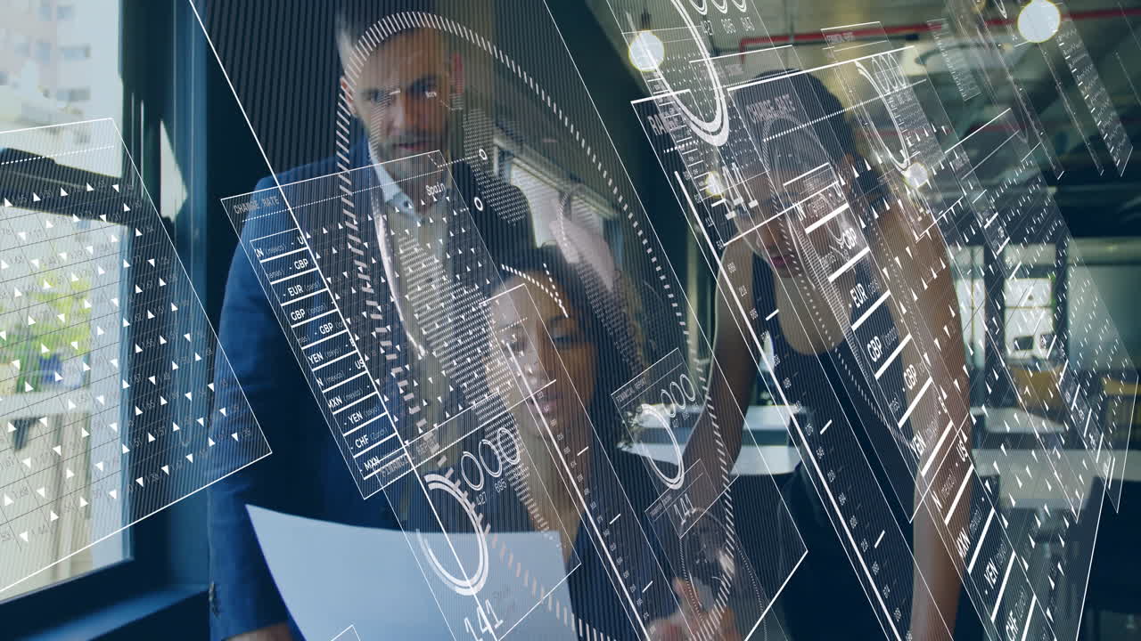 Analyzing futuristic digital interface, business professionals using animation for data insights