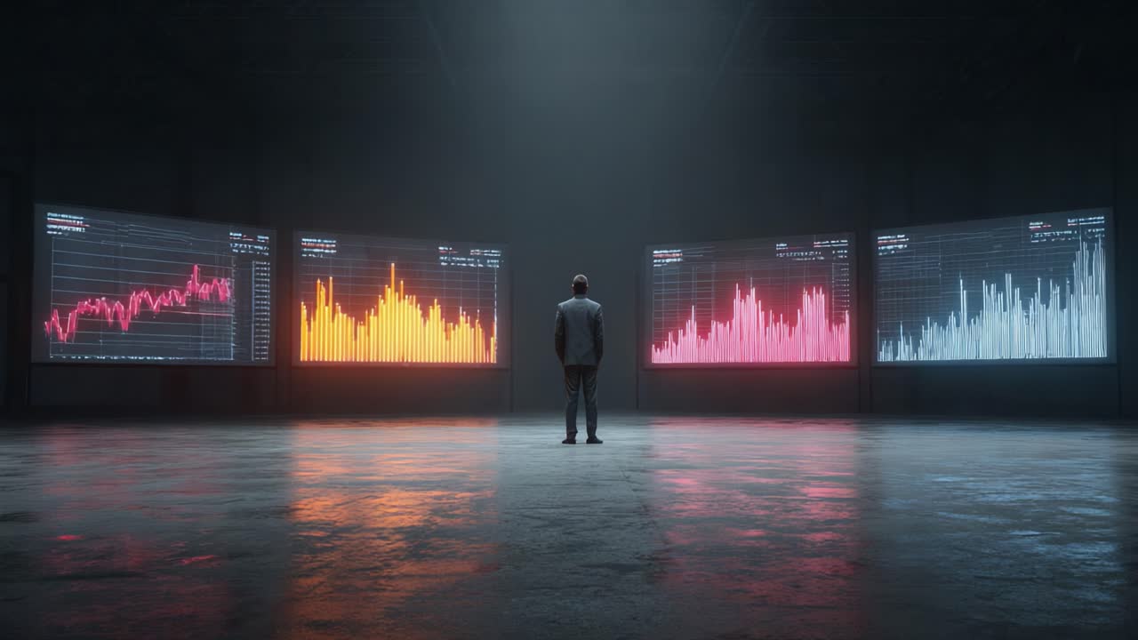 A Business Professional Analyzing Complex Data Visualizations in a Modern Office Setting with Multiple Graphs Displayed on Large Screens