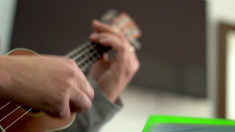 male hands playing the ukelele at home