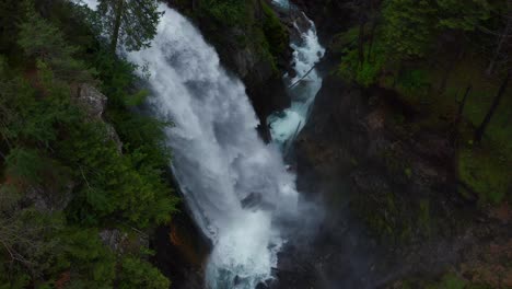 fly high above a breathtaking waterfall surrounded by a lush forest and river