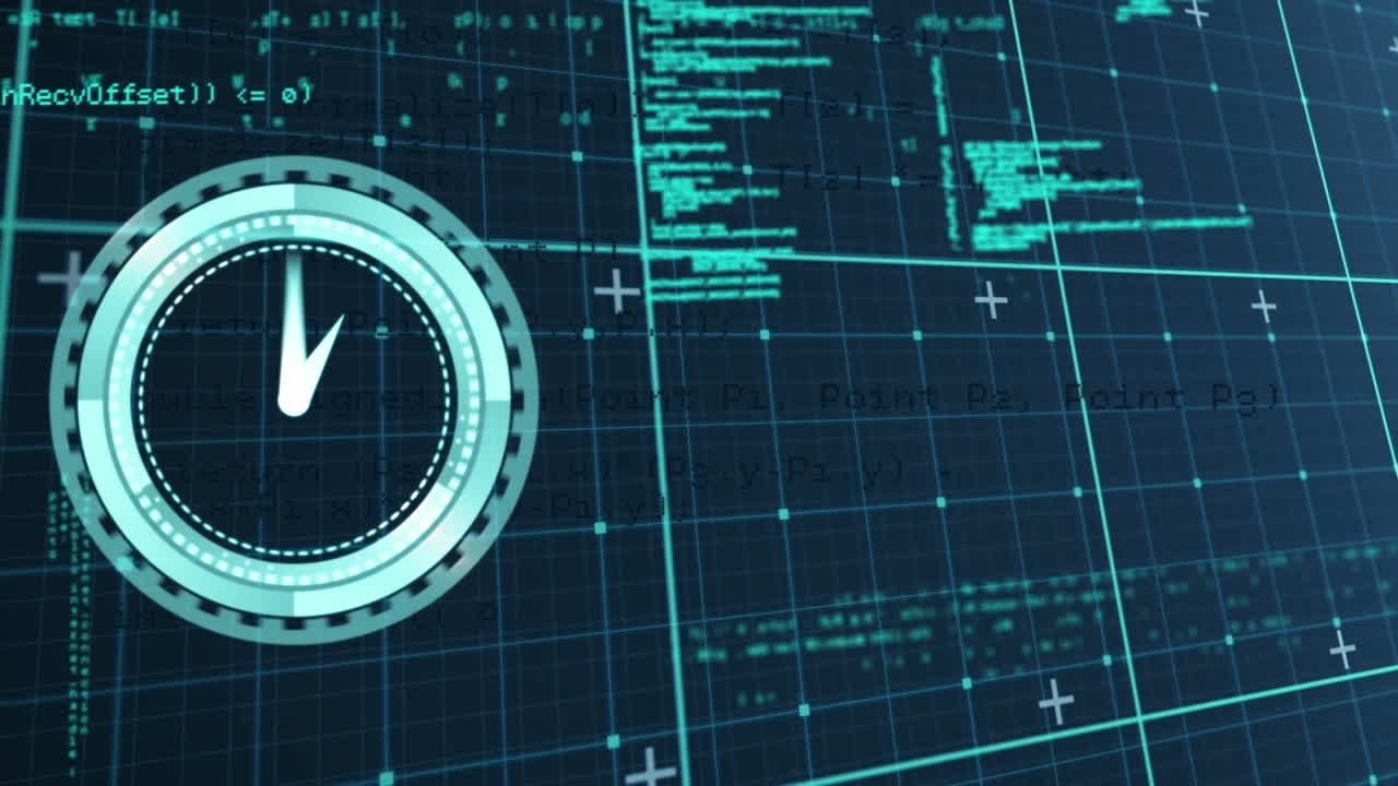 animación de reloj de neón y procesamiento de datos a través de la red de red contra un fondo azul