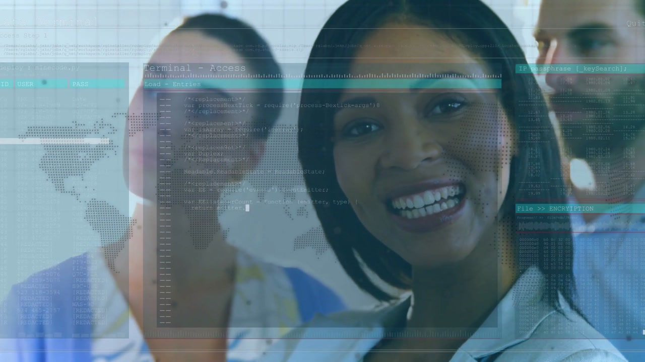 Vertical video: Sliding UI window, smiling woman in blazer stepping at office, dotted map for demo