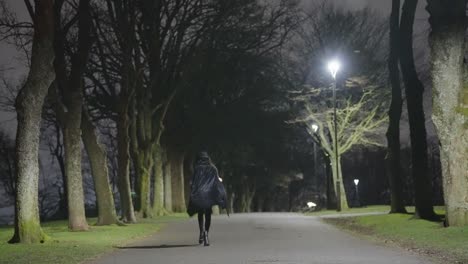 A-young-female-child-dressed-for-Halloween-as-a-plague-Doctor-walks-briskly-in-between-trees-at-night