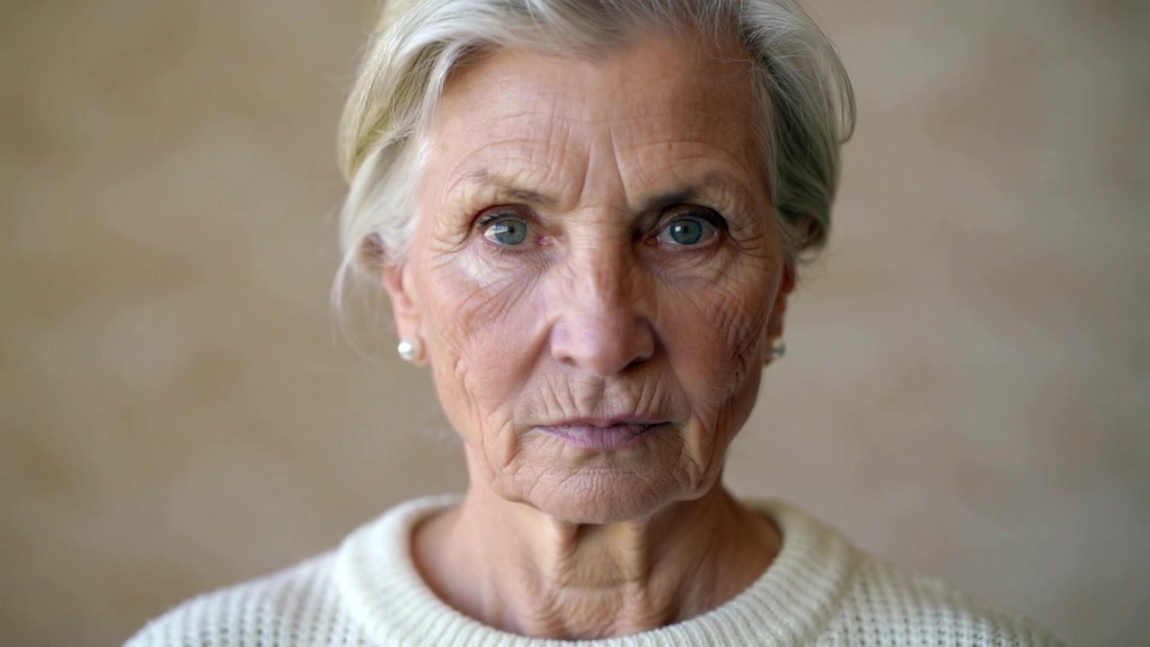 Recording starting senior woman holding gaze in studio, cream knit sweater and pearl studs visible