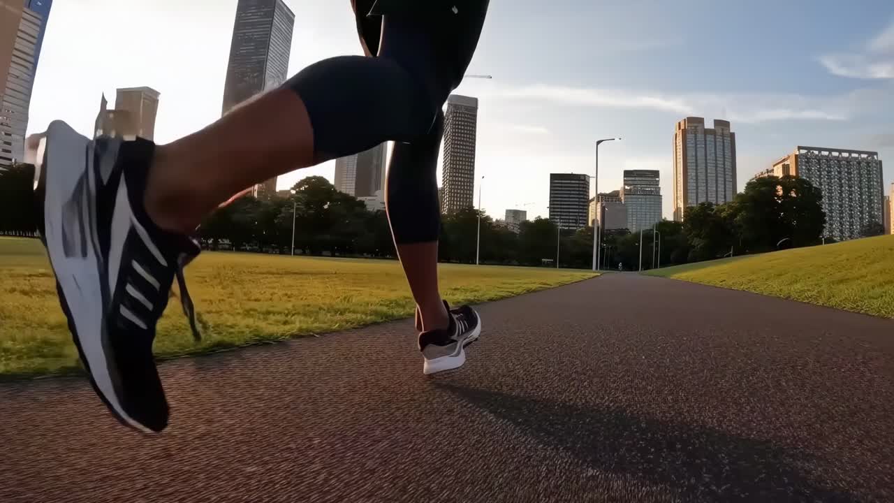 Low-angle video shot of a runner's legs on a city path at sunrise, capturing dynamic motion