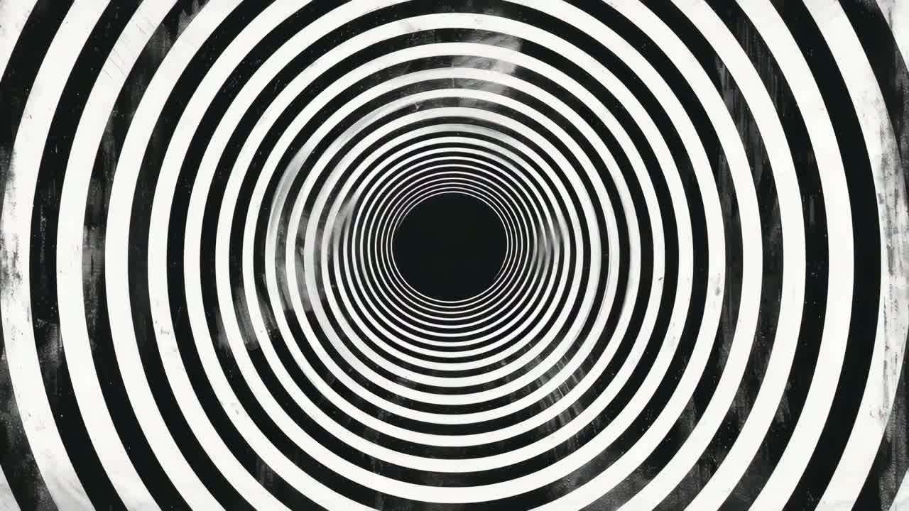 Hypnotic black and white spiral pattern viewed from a top-down angle, creating a dizzying optical