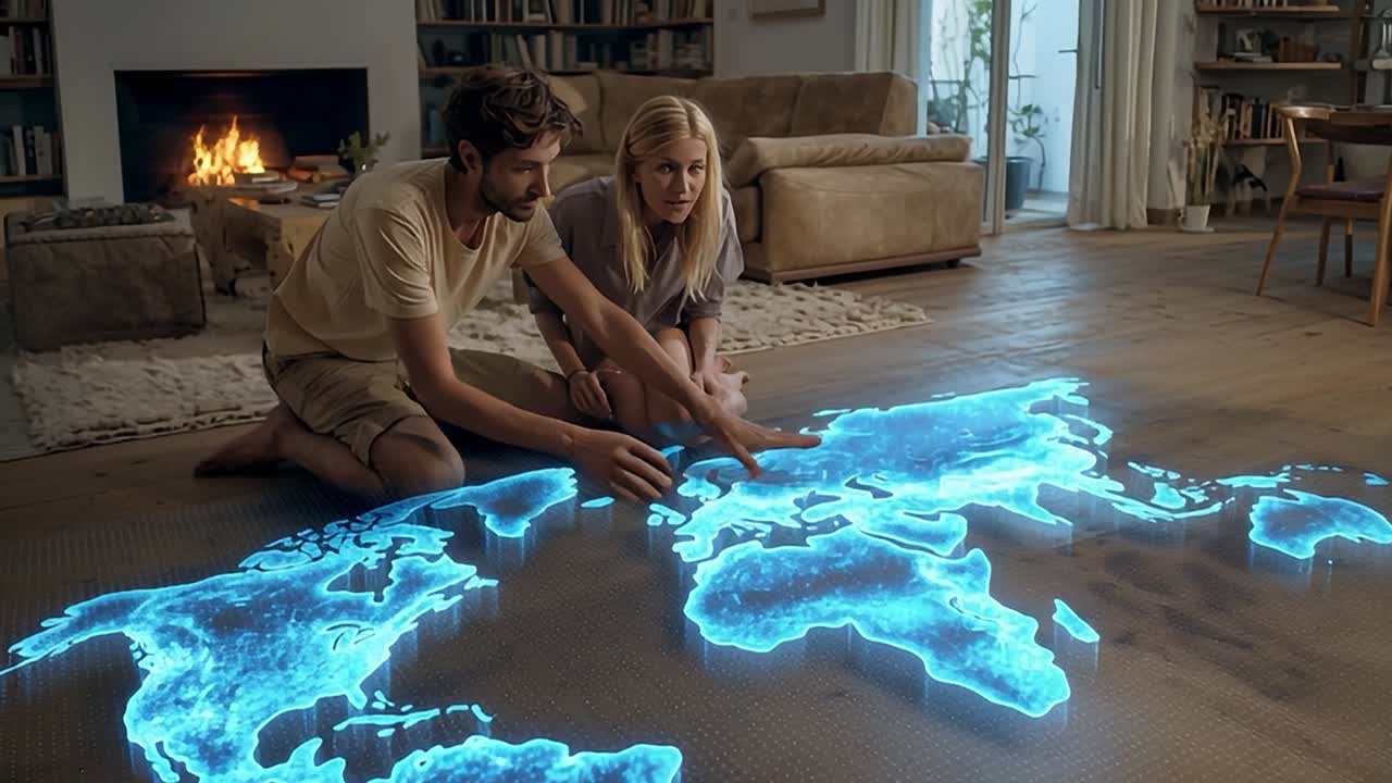 Couple exploring a glowing world map on the floor in a cozy living room