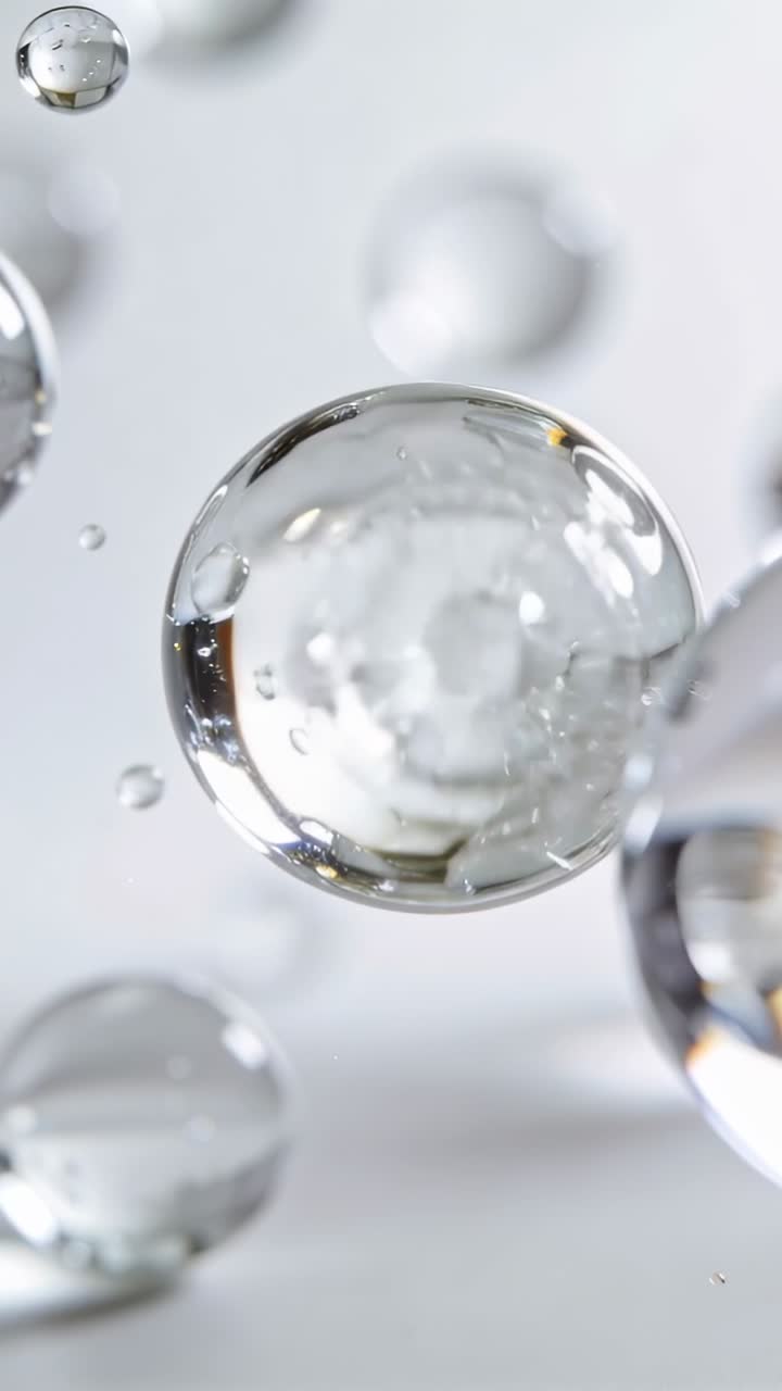 Video vertical: Gran gota transparente girando y moviéndose con un leve empujón de la cámara en un estudio, mostrando burbujas.