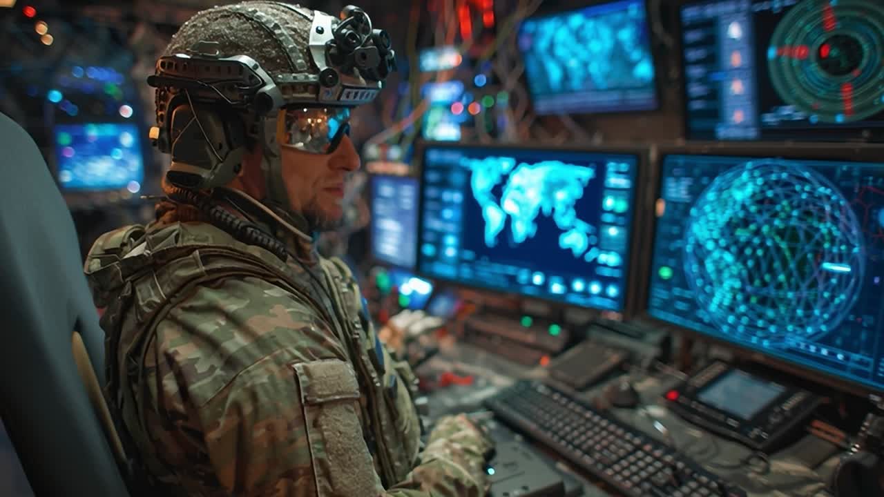 Military personnel monitors digital systems in high-tech command center