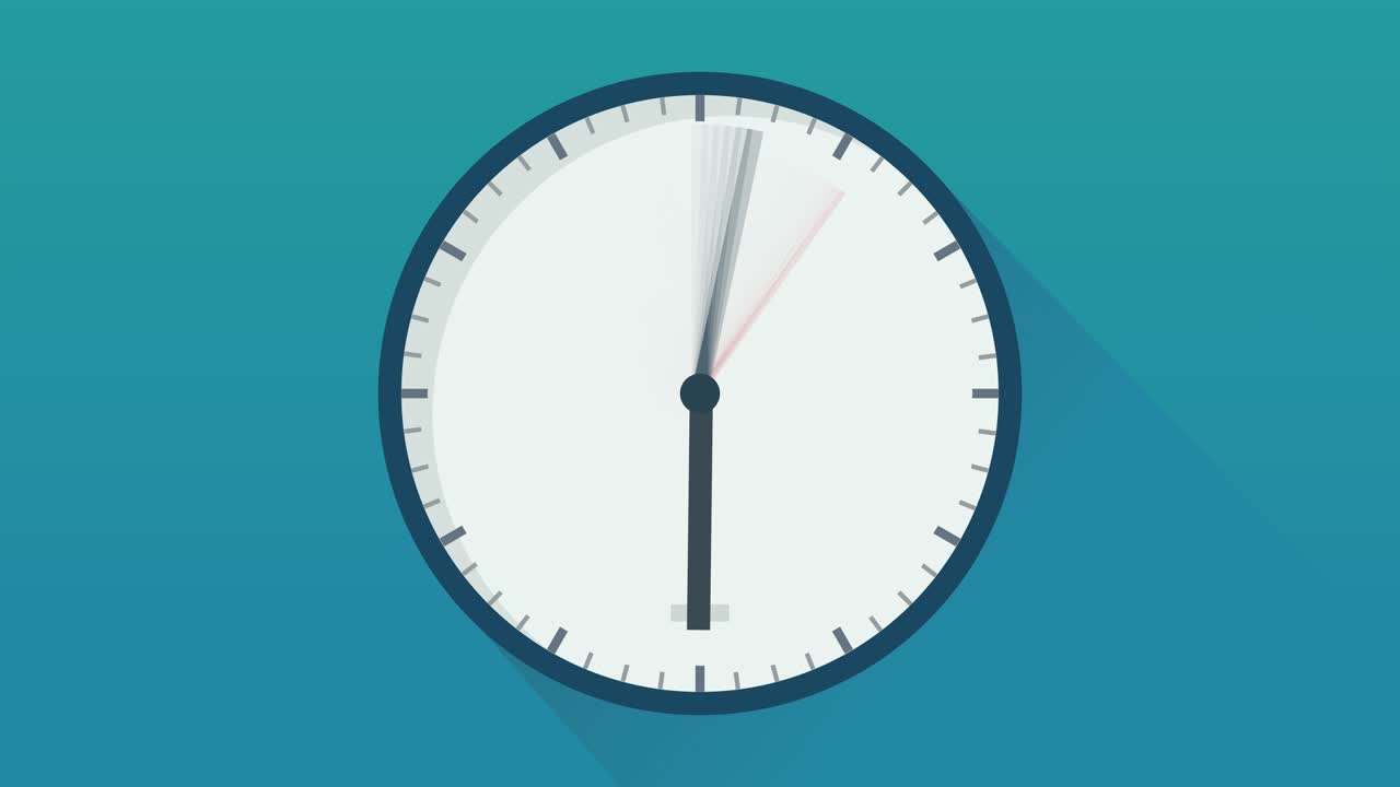 Animazione in loop di orologio in flat design su sfondo blu con ombra.
