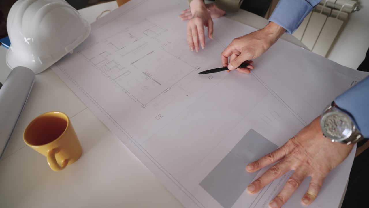 Architects review blueprint of new building