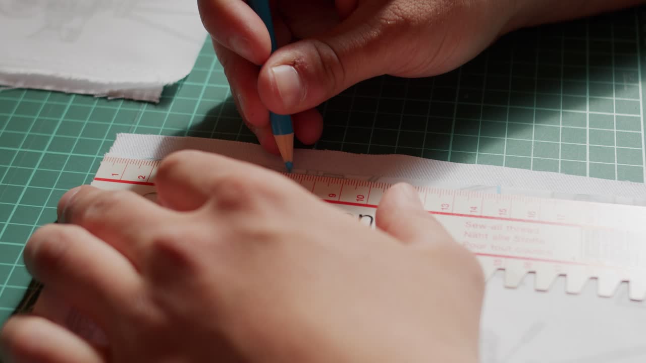 Marking onto fabric with a blue marker on a cutting board. Slow motion.