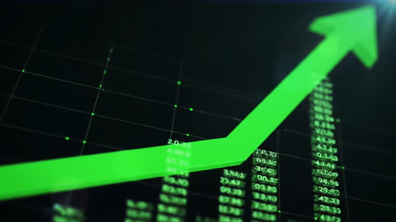 A digital display highlights the upward trajectory of stock prices, emphasizing the surge in technology investments during the current quarter. Market analysts discuss the implications.