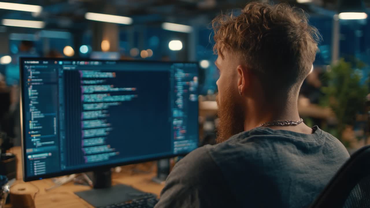 Focused Programmer Writing Code on Computer in Modern Office Environment, Surrounded by a Vibrant Workspace with Multiple Monitors and Soft Ambient Lighting