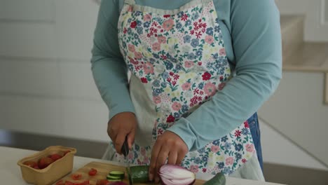 Feliz-Mujer-Afroamericana-De-Talla-Grande-Con-Delantal,-Cocinando,-Cortando-Verduras-En-La-Cocina