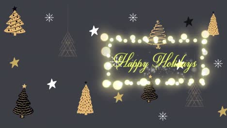 Animation-of-happy-holidays-text-with-fairy-lights-over-christmas-trees-and-stars