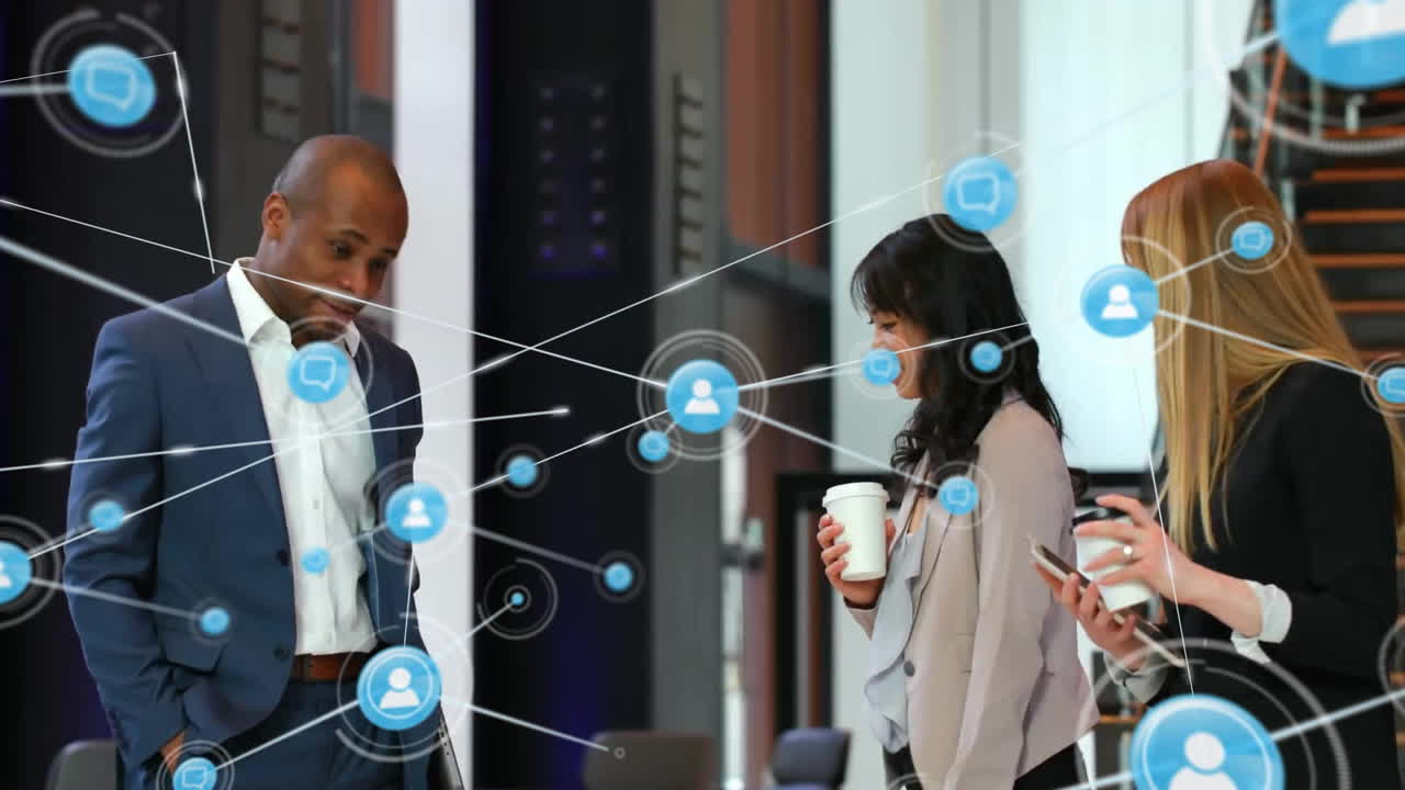 Animation of network of connections with icons over diverse business people in office