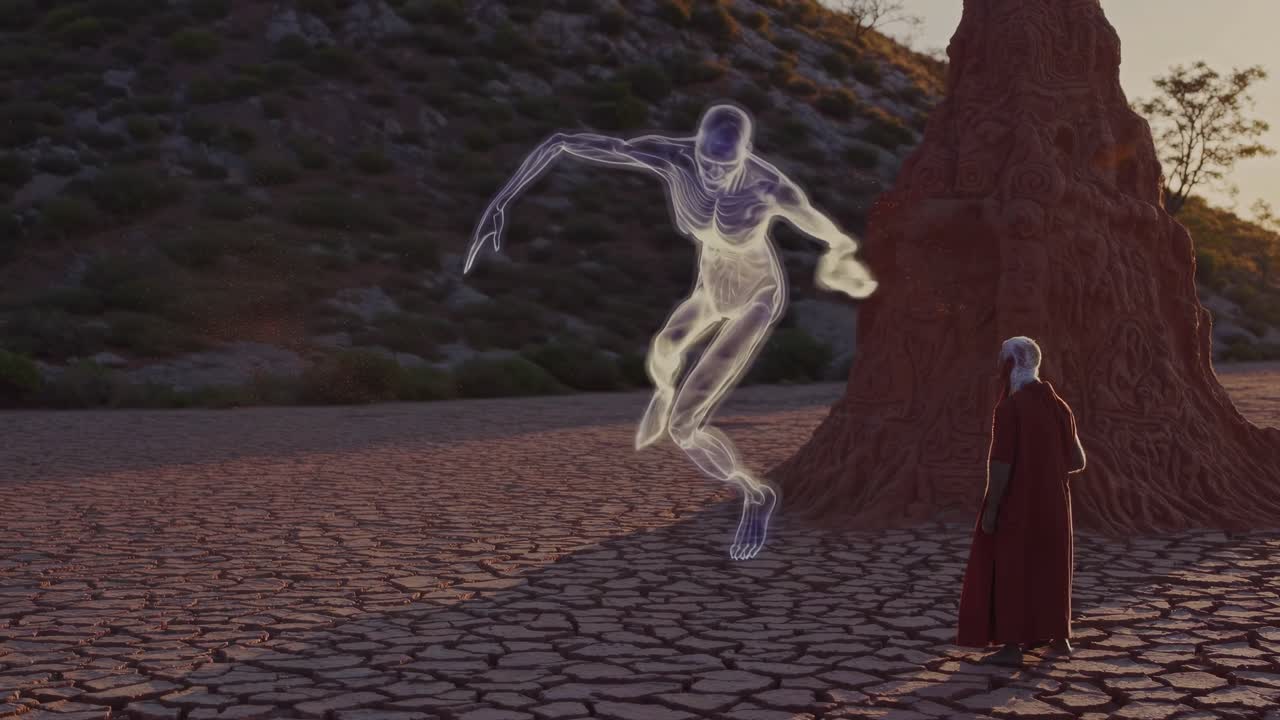 Mystic in a red robe performing a ritual near an intricately carved monolith in a cracked landscape, invoking a spectral humanoid figure glowing in the sunset