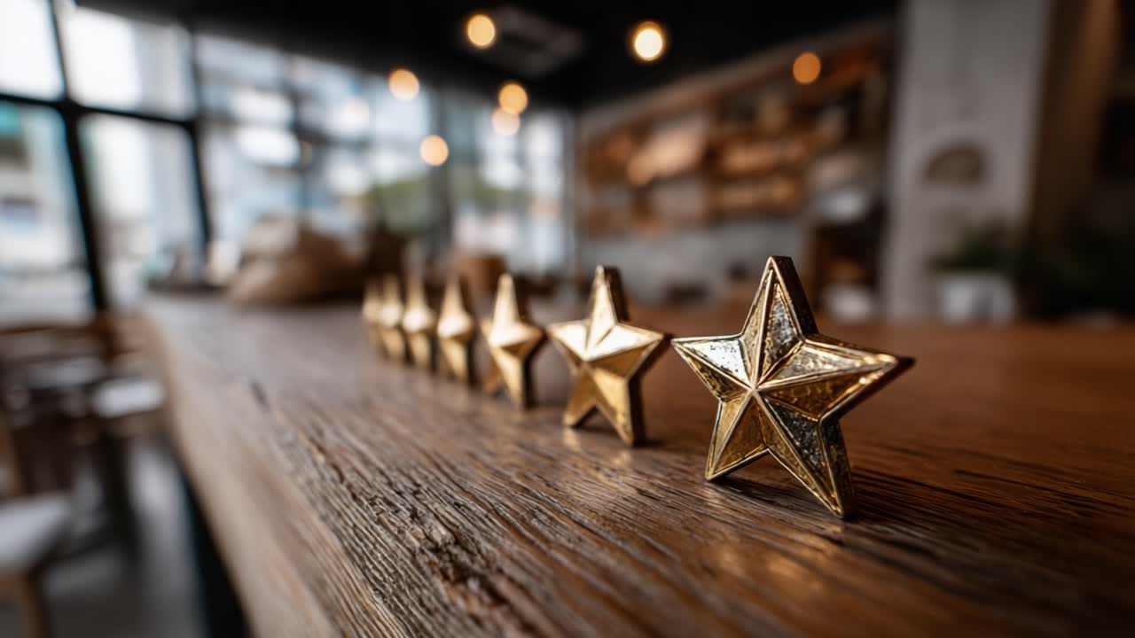 A Sparkling Arrangement of Golden Stars on a Rustic Wooden Table in a Cozy Cafe Setting, Capturing the Charm and Warmth of Modern Interior Decor
