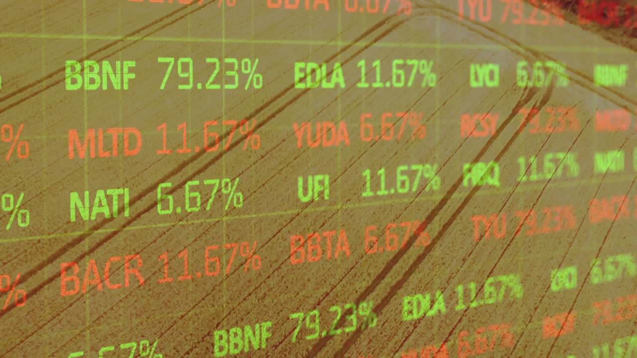 Animation der Finanzdatenverarbeitung über einem Agrarfeld