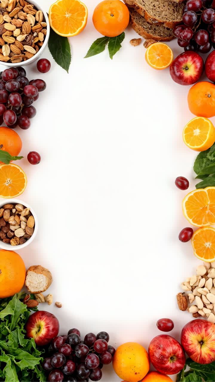 A vibrant assortment of fruits and nuts arranged around a white space