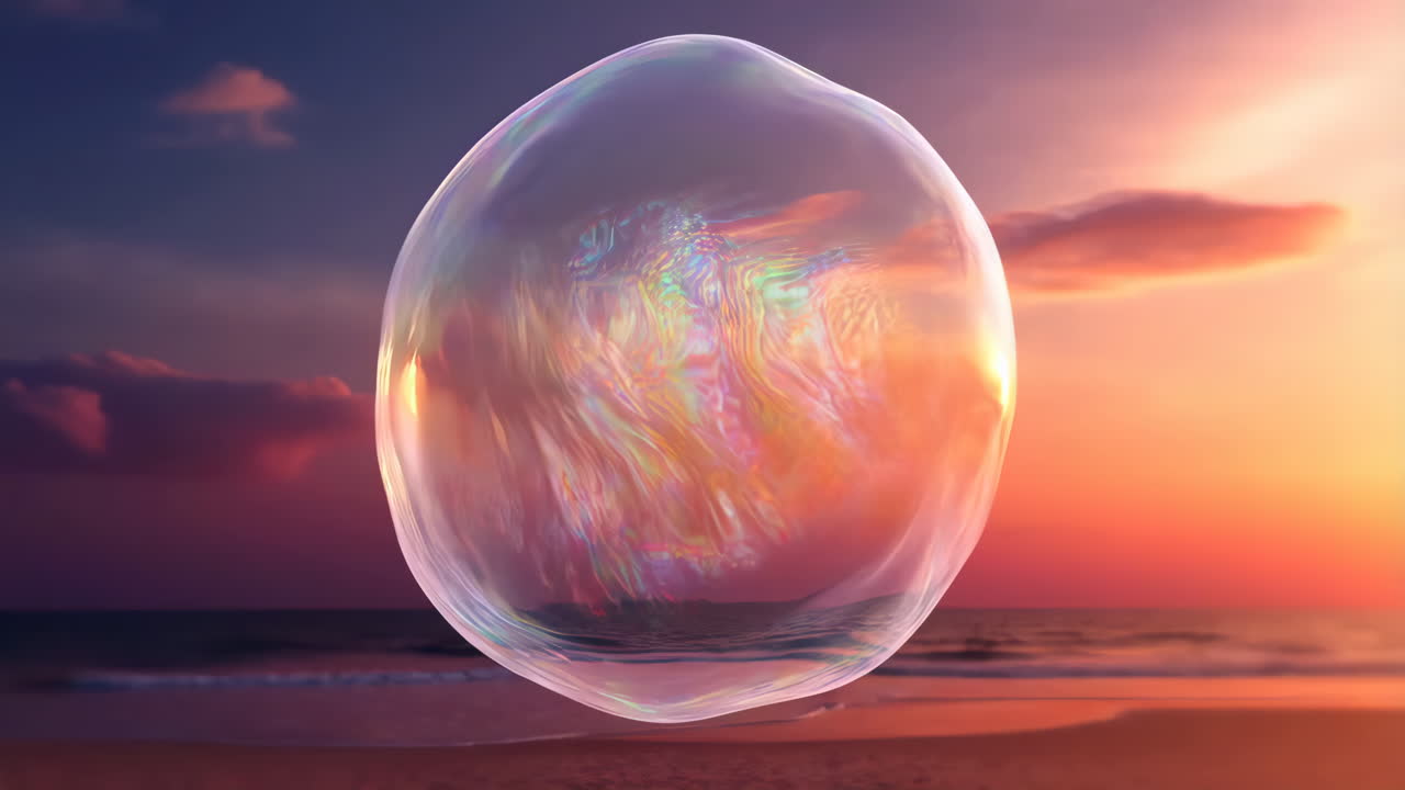 Iridescent Bubble Floating Over a Vibrant Sunset Beach Landscape