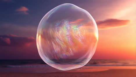 iridescent bubble floating over a vibrant sunset beach landscape