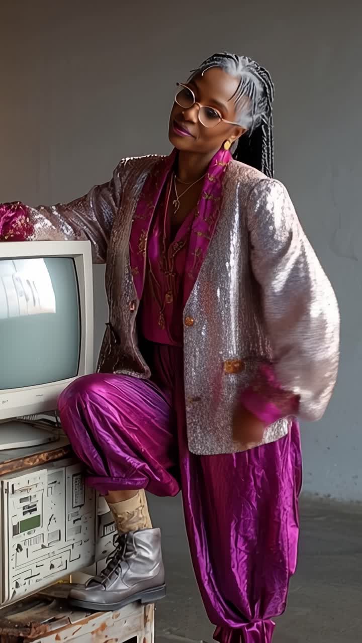 En stilfuld figur i levende påklædning poserer selvsikkert ved siden af en vintage-skærm, der blander mode med nostalgisk teknologi i et fængslende bymiljø