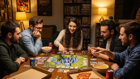 a group of friends enjoying game night around a table filled with snacks, engaging in strategic play with a board game in a cozy indoor setting