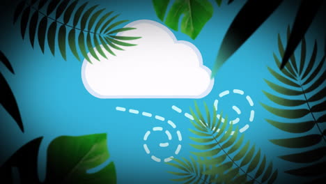 cloud with dashed lines animation over tropical leaves on blue background