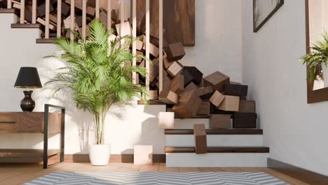 modern wooden staircase with stacked cubes