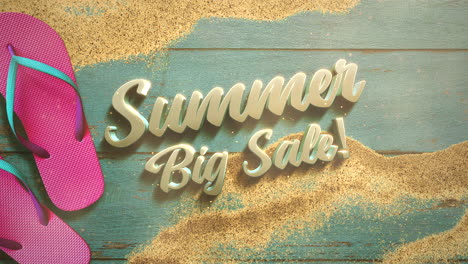 summer big sale on wood with sand of beach and sandal